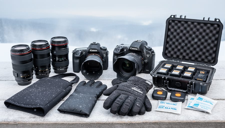 Arctic photography gear including weather-sealed camera and cold-weather accessories on snow