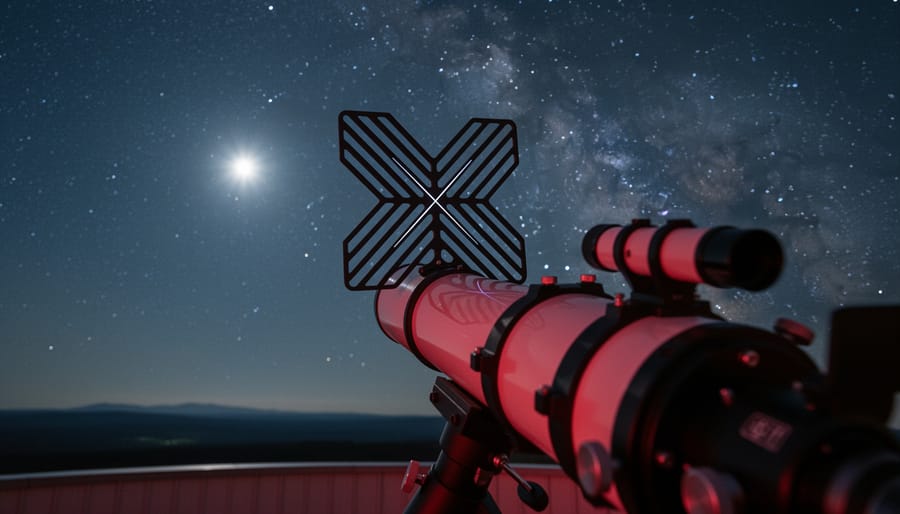 Bahtinov focusing mask attached to telescope for precise star focusing