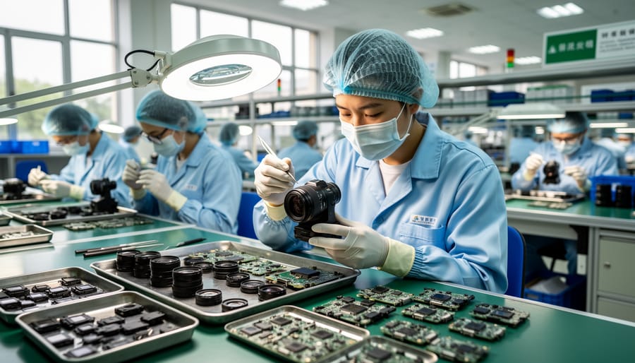Factory worker assembling camera lens components on manufacturing workstation