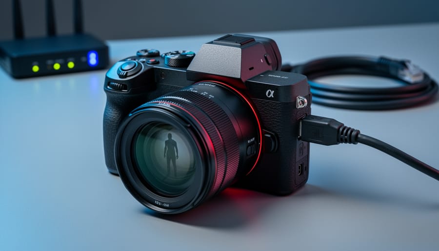 Close-up of a professional mirrorless camera with a cable plugged into a side port; lens reflecting a faint human silhouette, cool dramatic side lighting, and a softly blurred background showing router lights and a coiled ethernet cable, suggesting cybersecurity vulnerabilities.