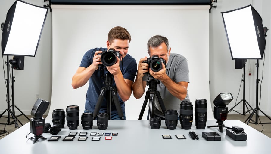 Multiple camera systems and lenses arranged on wooden surface showing equipment compatibility