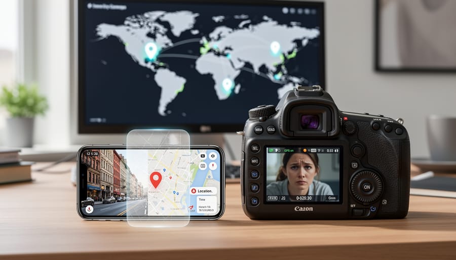 Camera screen displaying GPS location data and metadata information
