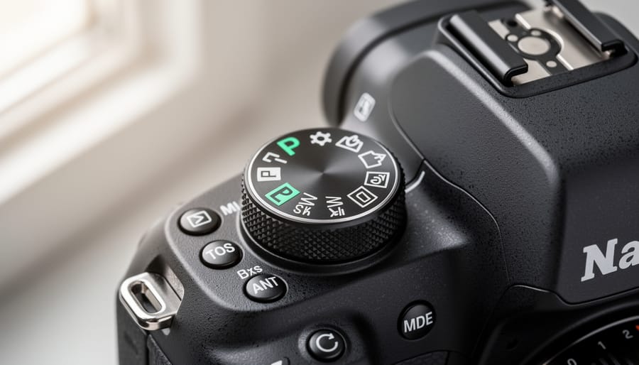 Photographer's hand turning camera mode dial to P setting