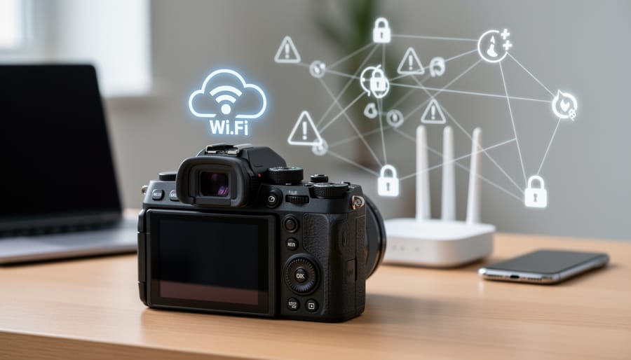 Wireless-enabled camera on desk with glowing screen showing network connectivity