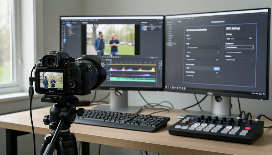 Mirrorless camera and laptop computer with video editing software on wooden desk