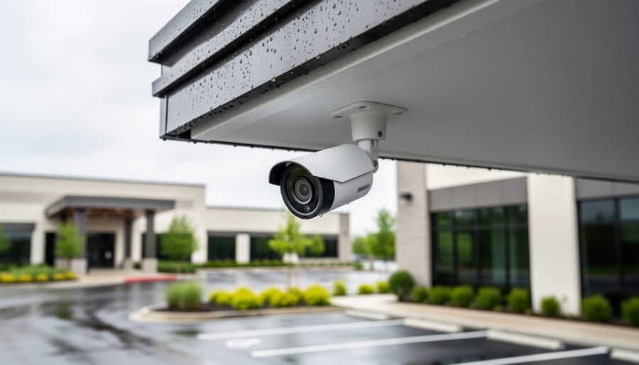 Security camera properly mounted under protective house eave to minimize weather exposure