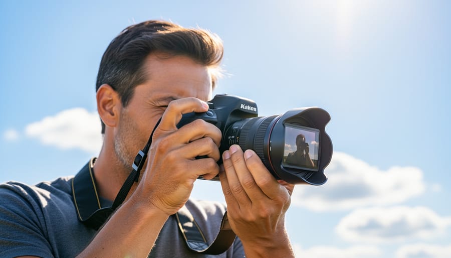 Photographer reviewing camera LCD screen in bright sunlight conditions