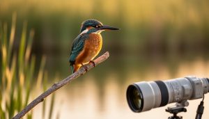 Sharp telephoto image of a kingfisher on a branch with golden-hour side light, foreground edge of a large white super-telephoto lens on a monopod blurred, soft green reeds and water bokeh in the background.