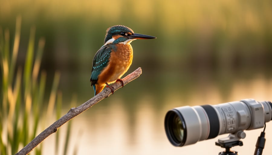 Sharp telephoto image of a kingfisher on a branch with golden-hour side light, foreground edge of a large white super-telephoto lens on a monopod blurred, soft green reeds and water bokeh in the background.