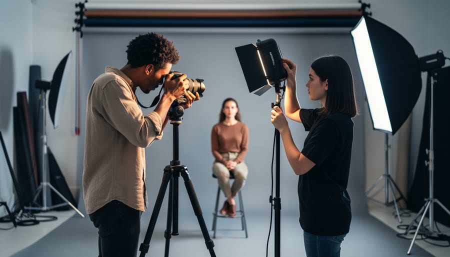 Two photographers collaborate in a studio, one behind a tripod-mounted camera and another adjusting a softbox next to a seated model, with backdrops and light stands softly blurred in the background.