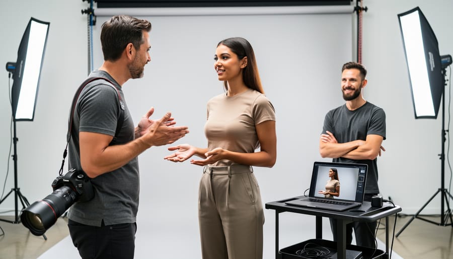 Photography team collaborating together on set while reviewing images
