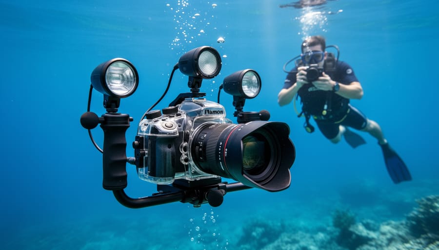 Diver holding complete underwater camera system with housing, strobes, and buoyancy arms