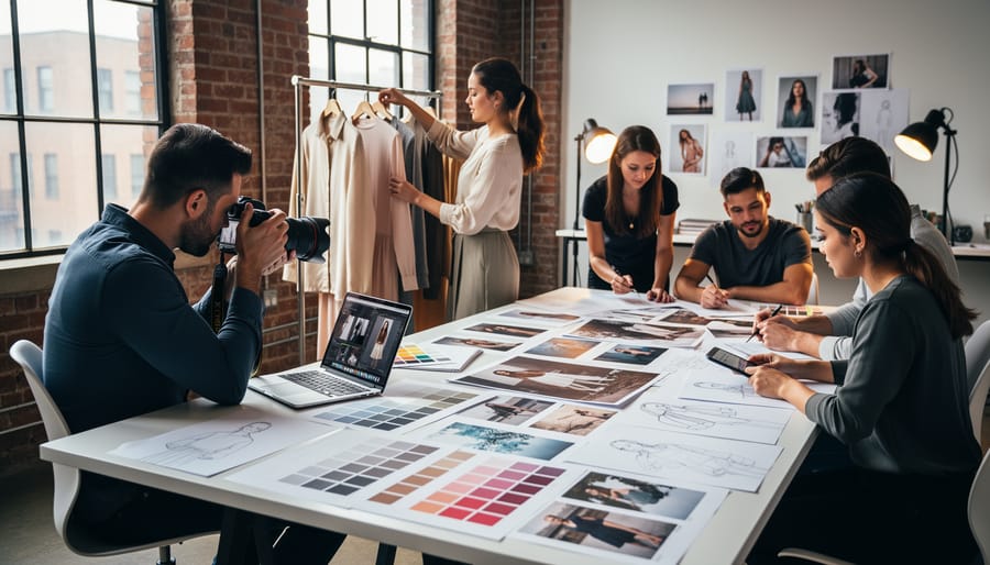 Creative team of photographer, stylist, and digital artist collaborating in studio