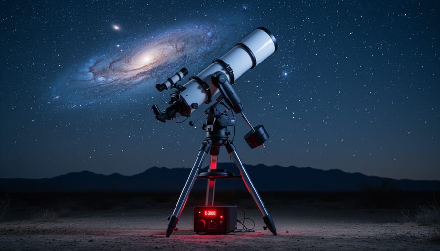 Telescope on a motorized equatorial mount with counterweights and autoguider under a dark, star-filled sky, faint Andromeda Galaxy visible overhead, subtle red LEDs illuminating the gear.