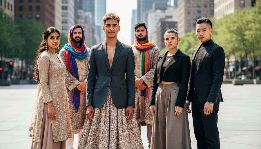 Portrait of diverse people from different cultures showing various gender expressions and traditional clothing