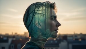Eye-level medium close-up of a person’s profile silhouette overlaid with translucent tree branches at golden hour, with a softly blurred sky and faint rooftops in the background, conveying the ethereal look of film double exposure.