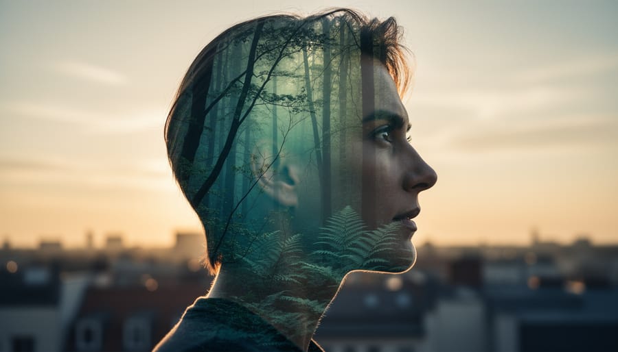 Eye-level medium close-up of a person’s profile silhouette overlaid with translucent tree branches at golden hour, with a softly blurred sky and faint rooftops in the background, conveying the ethereal look of film double exposure.