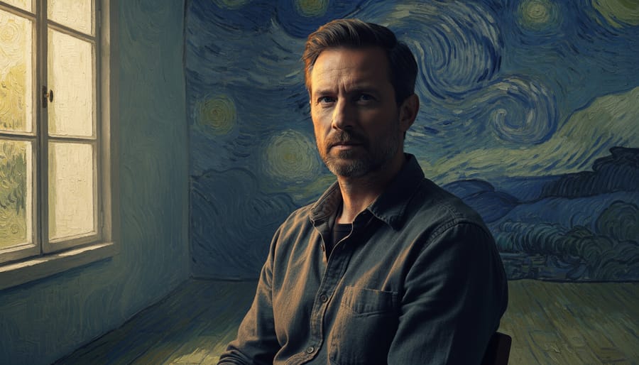 Self-portrait with dramatic window lighting creating strong side shadows