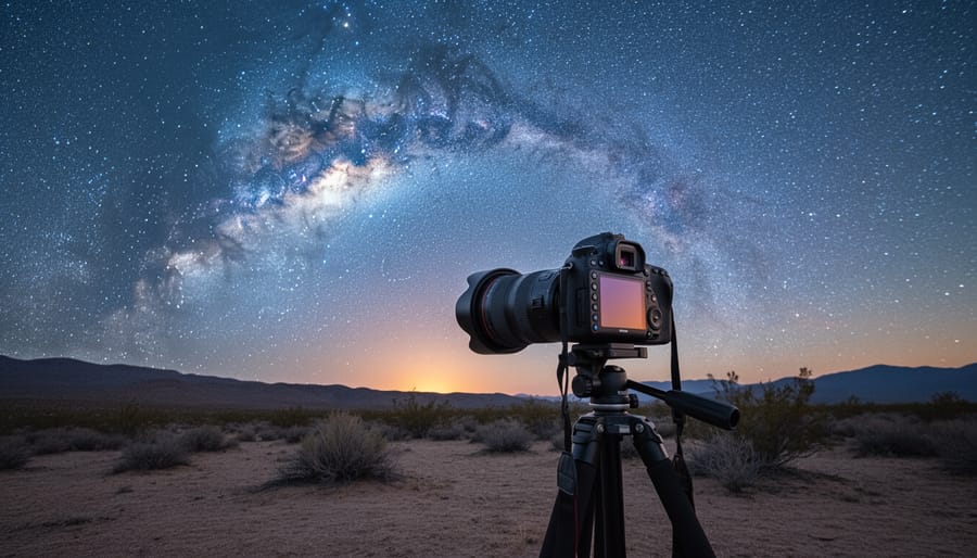 Close-up view from ground level behind a DSLR with a wide-angle lens on a tripod, pointing at the Milky Way arch above a dark desert; cool blue-violet sky, faint warm horizon glow, and silhouettes of sagebrush and distant ridgeline; no visible brand logos.