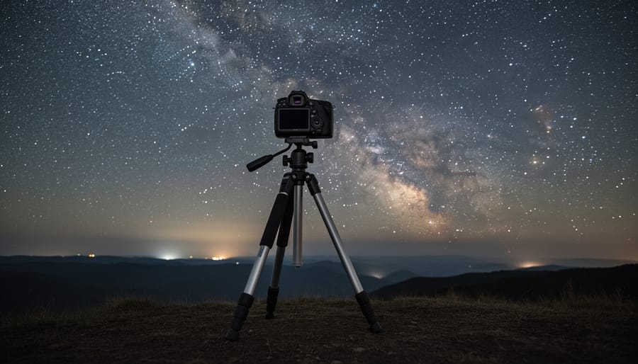 DSLR camera mounted on tripod pointed at starry night sky