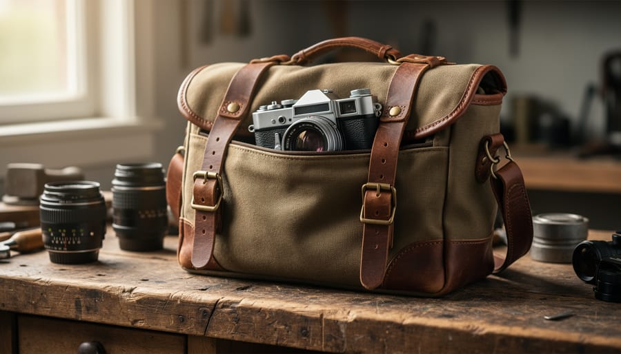 Photographer holding well-worn vintage canvas camera bag showing years of durable use