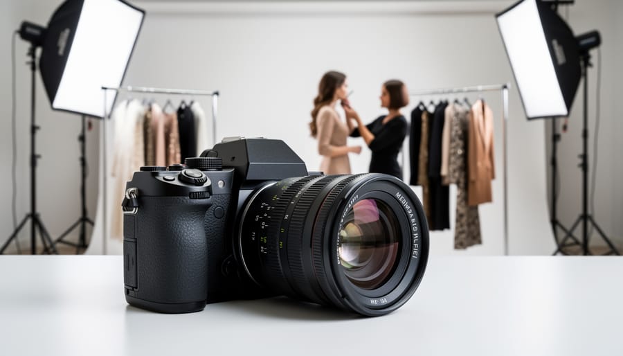 Photographer holding medium format camera with prime lens in professional studio setting