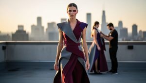 Model in avant-garde outfit walking toward the camera on a rooftop at golden hour with dramatic side lighting, saturated jewel tones, and a softly blurred city skyline; stylist and assistant visible out of focus in the background.