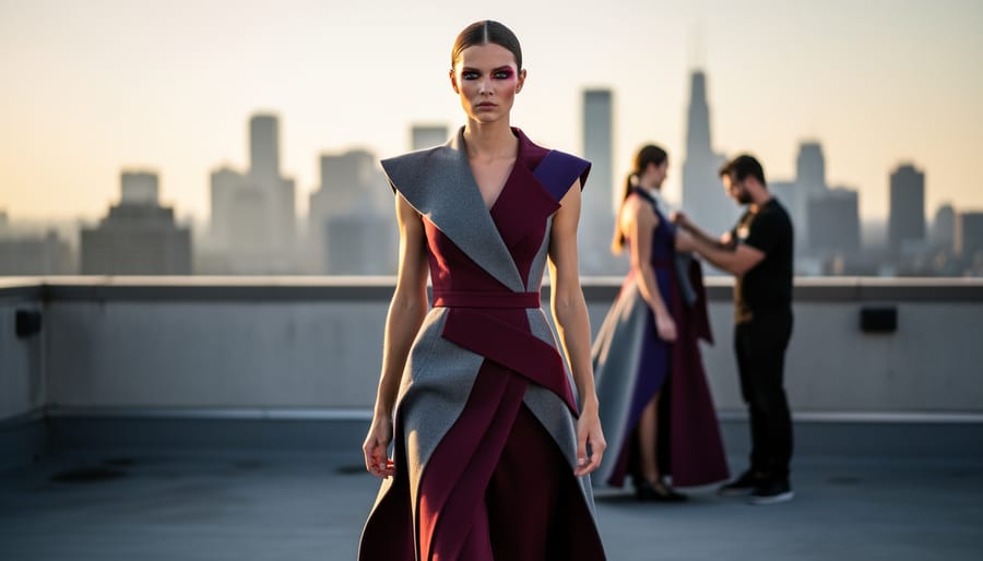 Model in avant-garde outfit walking toward the camera on a rooftop at golden hour with dramatic side lighting, saturated jewel tones, and a softly blurred city skyline; stylist and assistant visible out of focus in the background.