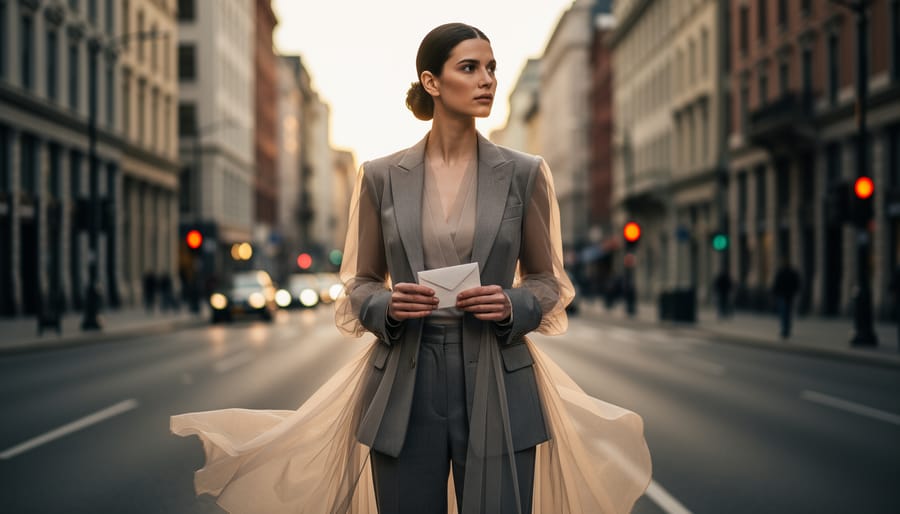 Model in dramatic haute couture gown posed on rooftop at sunset in editorial fashion style