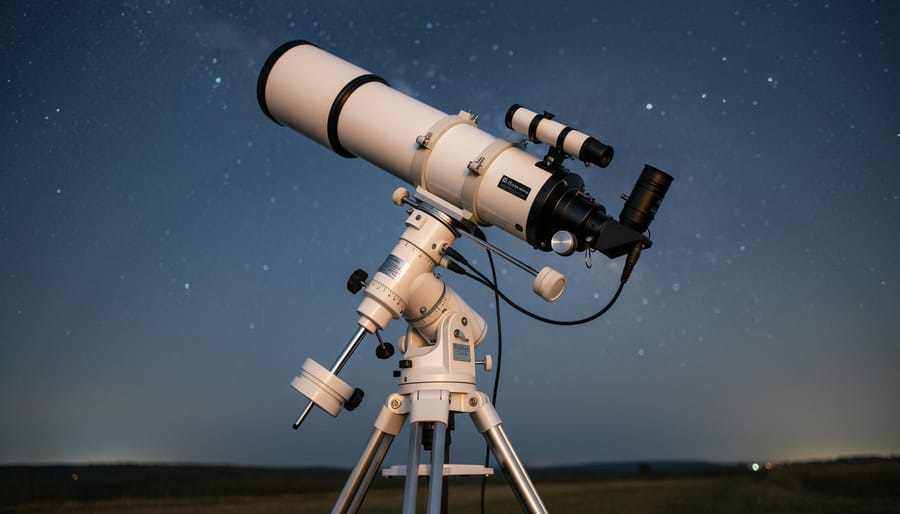 Equatorial telescope mount with camera attached under starry night sky