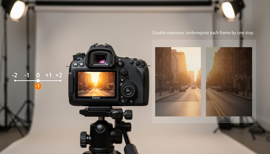 Photographer's hands adjusting camera settings with light meter for double exposure