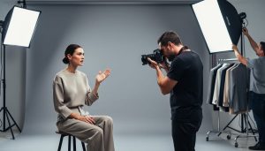 Adult model seated on a studio stool raising a pause hand gesture while a photographer lowers their camera to listen, with softbox lights, seamless backdrop, and a blurred assistant and clothing rack in the background.