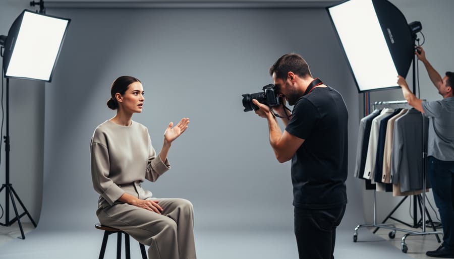 Adult model seated on a studio stool raising a pause hand gesture while a photographer lowers their camera to listen, with softbox lights, seamless backdrop, and a blurred assistant and clothing rack in the background.