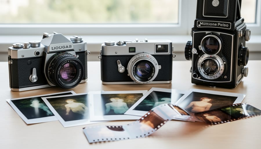 Collection of vintage 35mm film cameras with multiple exposure features