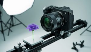 Macro photography rig with a mirrorless camera on a precision focus rail targeting a small purple flower, lit by soft diffused LED panels, with a blurred light tent, tripod legs, and clamps in the background.