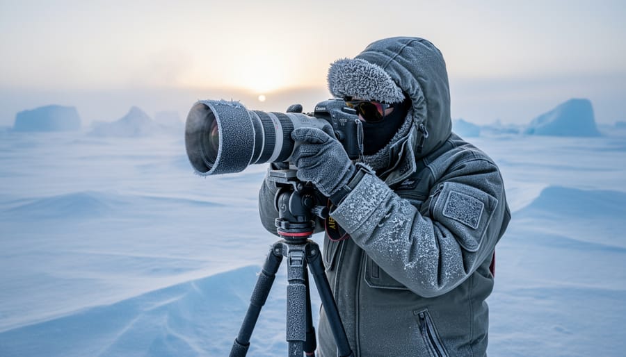 Frozen camera covered in ice crystals being held in Arctic conditions