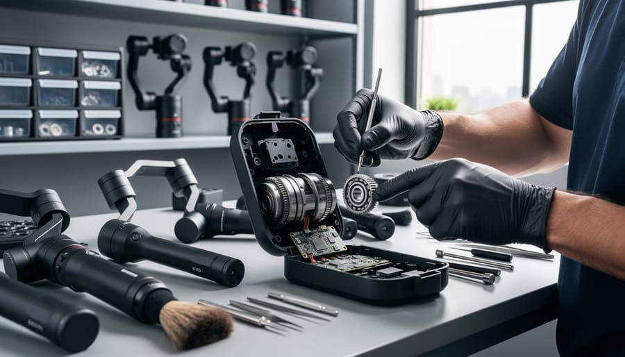 Professional gimbal stabilizer showing motorized components and mechanical systems