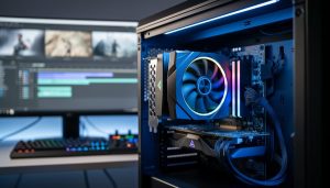 Close-up of a high-end graphics card with illuminated fans inside an open desktop PC, with blurred dual monitors showing an abstract video-editing timeline and a keyboard/control surface in a modern studio.