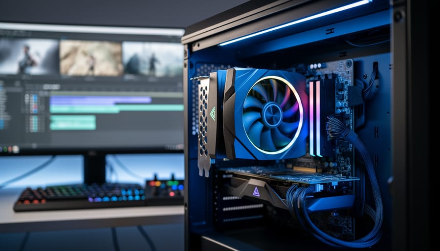 Close-up of a high-end graphics card with illuminated fans inside an open desktop PC, with blurred dual monitors showing an abstract video-editing timeline and a keyboard/control surface in a modern studio.