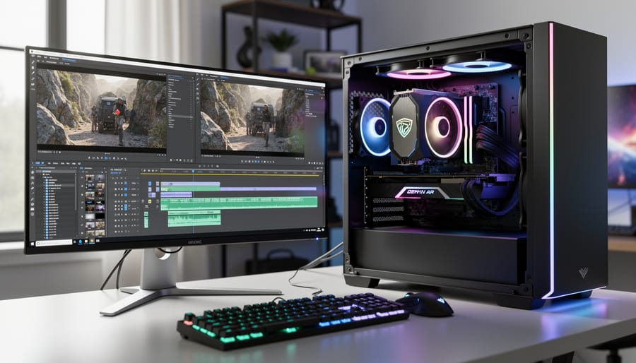 High-performance graphics card with illuminated fans inside computer case