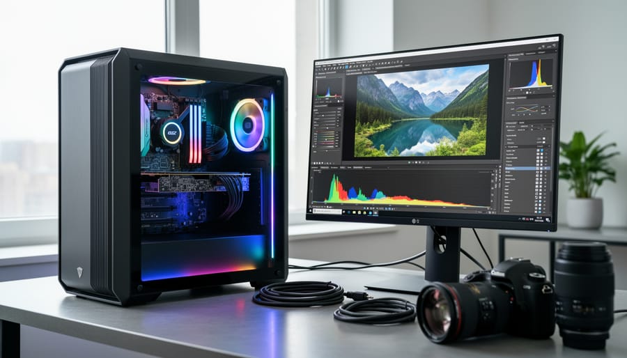 Close-up of modern graphics card installed in desktop computer