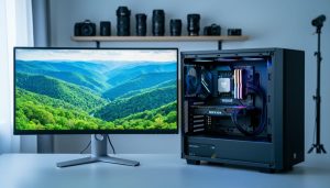Open PC tower with illuminated graphics card, NVMe SSD, and RAM next to an ultrawide monitor showing a landscape photo; camera gear softly blurred on shelves in the background under cool studio lighting.