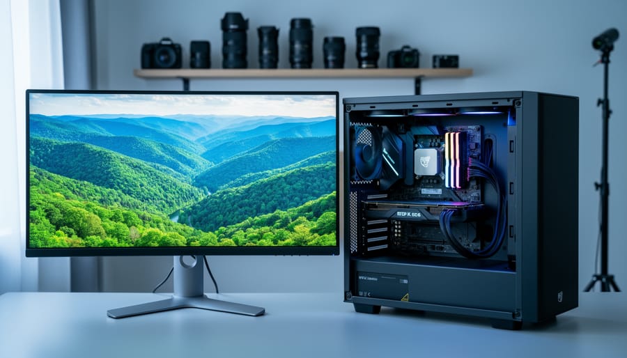 Open PC tower with illuminated graphics card, NVMe SSD, and RAM next to an ultrawide monitor showing a landscape photo; camera gear softly blurred on shelves in the background under cool studio lighting.
