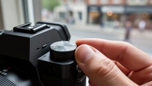 Close-up of a photographer’s hand turning a mirrorless camera mode dial at an angle, with labels intentionally out of focus and a softly blurred street scene in the background.