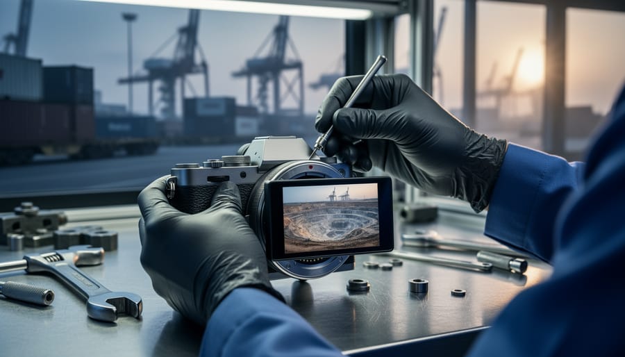 Gloved hands assemble a mirrorless camera on a metal workbench under soft factory light, with a blurred assembly line behind, cargo containers and cranes visible through a window, and a subtle mining scene reflected on the camera’s metal body.