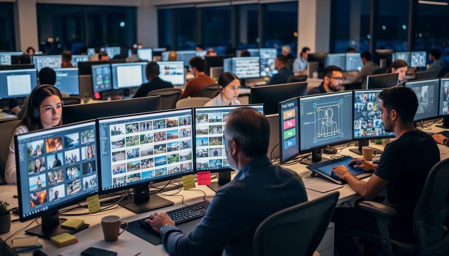 Worker reviewing and tagging images at computer workstation