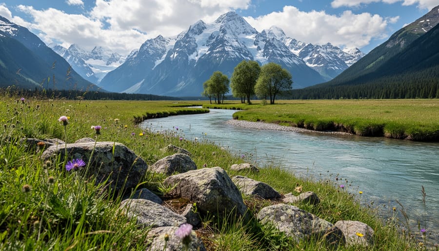 Mountain landscape with wildflowers showing clear depth layers ideal for 3D photography