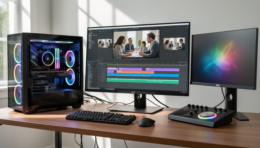 Professional video editing workstation with dual monitors and laptop setup