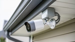 Close-up of a home security camera installed under a roof eave with a weatherproof junction box and conduit, stainless screws and sealed cable entry visible, light rain droplets on the housing, with blurred siding and roofline in the background.