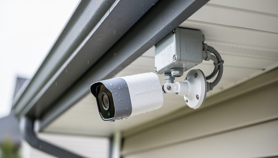 Close-up of a home security camera installed under a roof eave with a weatherproof junction box and conduit, stainless screws and sealed cable entry visible, light rain droplets on the housing, with blurred siding and roofline in the background.